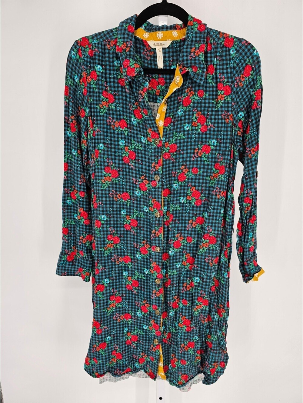 Matilda Jane "Fa La La" plaid floral print button-front shirt dress Womens Sz S